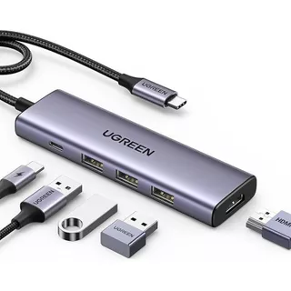 Hub 5 Em 1 Ugreen Usb-c Para 3* Usb 3.0 + Hdmi 4k@30hz + Pd Prateado