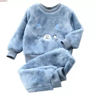 Conjunto De Pijama De Flanela Infantil De Lã De Inverno De Urso De Gato 1-8 Anos em Oferta na Shopee