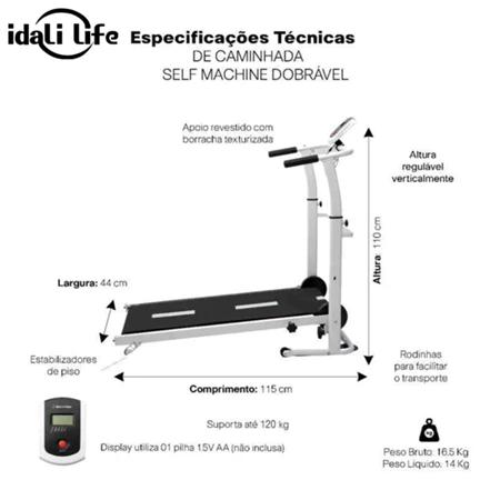 Esteira Mecânica de Caminhada com Display Suporta até 120kg Dobrável IDALI LIFE