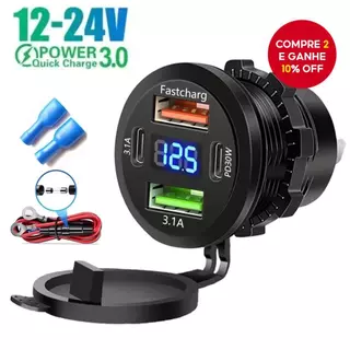Tomada de Carregador para Carro com Dupla Entrada Tipo-C e Duplas USB, 4 Portas, Carregamento Rápido, à Prova d'Água em Oferta na Shopee