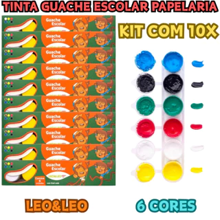 Kit 10 Leo&Leo Tinta Guache 6 Cores Escolar Papelaria Vibrantes Pote 15ml Pigmentada Multicolorido em Oferta na Shopee