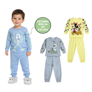 Conjunto Pijama Brilha no Escuro Personagens Manga Longa Menino Infantil Mickey Stitch Inverno em Oferta na Shopee
