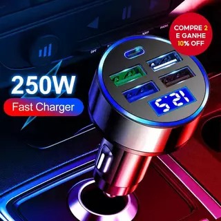 Carregador de carro USB C Tipo C com 5 portas, carregamento super rápido, detecção de voltagem, display digital,