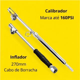 Kit Calibrador com Marcado de160 PSI + Bico Inflador Duplo Longo 280mm 1/4 Polegada para Pneus