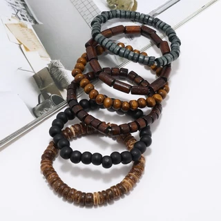 Kit 6 Pulseiras Masculinas de Madeira Ajustável | Pulseira de Contas Masculina Estilo Casual Surf Boho