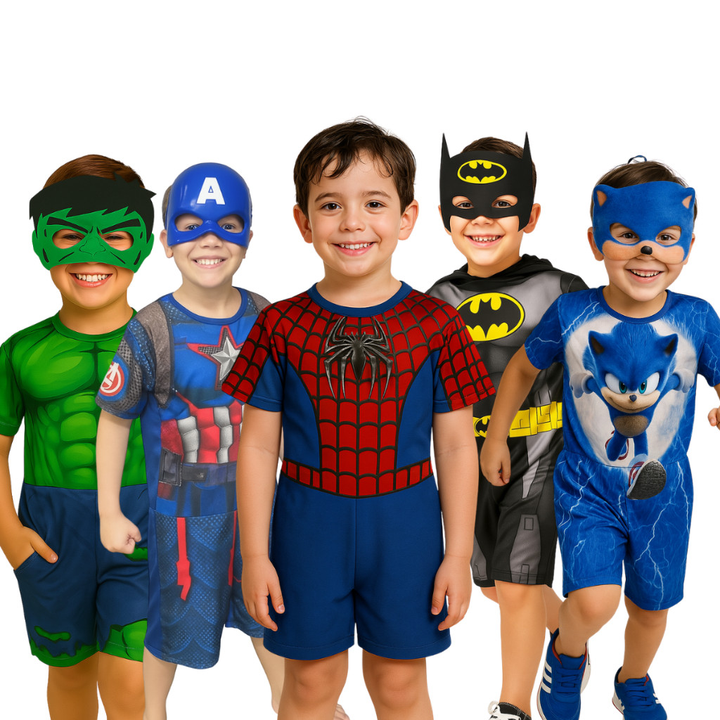 Fantasia Infantil Masculina Herói com Máscara Roupa Curta para Festa e ...