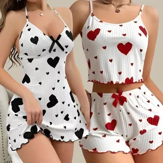 Kit 2 Peças Camisola + Pijama Baby Doll Feminino Sexy Lingerie Estampado Coração em Oferta na Shopee