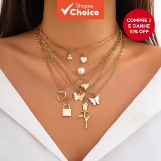Conjunto De Colar Com Pingente De 9 Peças Para Mulheres , Pingentes De Coração/Fechadura/Borboleta/Flor/Pérola Em Camada em Oferta na Shopee