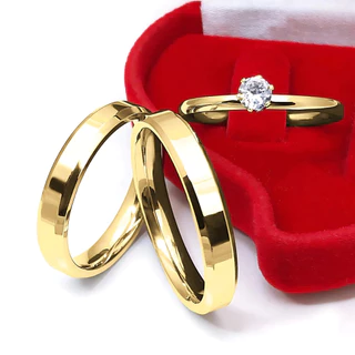 Kit 3 Anéis -Par Aliança + Anel Solitário 4mm Noivado Casamento Compromisso Moeda Banhado Ouro 18K em Oferta na Shopee