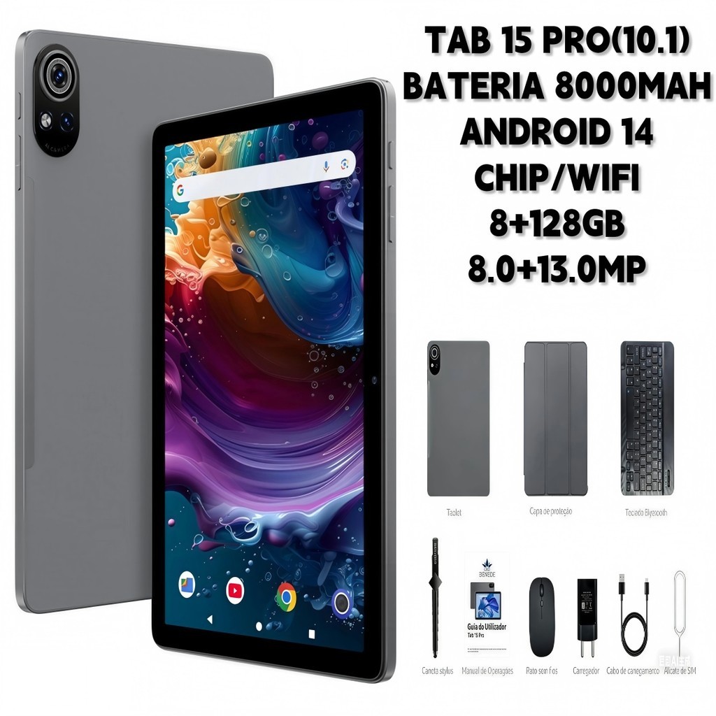Tablet 15 PRO Wifi com chip 10.1 8000mah Android 14, Teclado+Mouse 8GB RAM 128GB Câmera Bluetooth