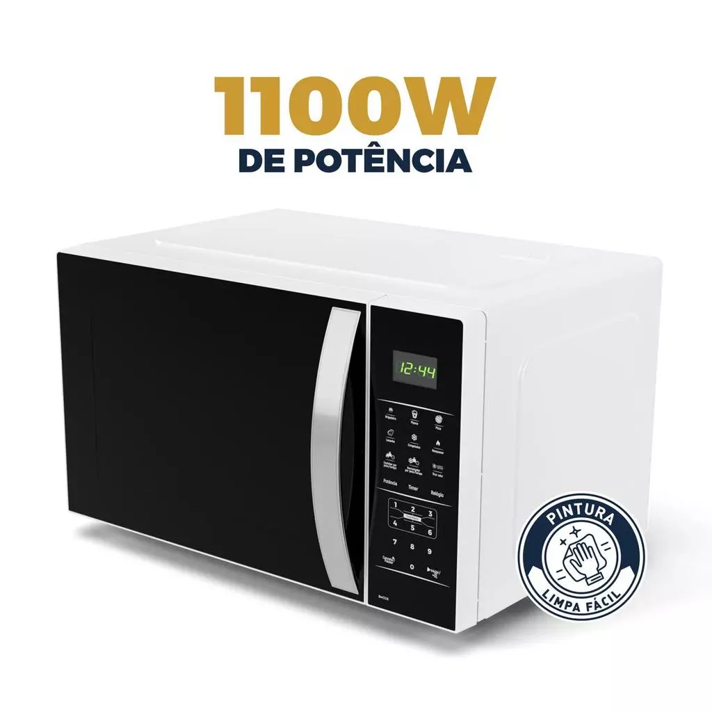 Micro-ondas Britânia 28L BMO30 em perspectiva, com selos de '1100W DE POTÊNCIA' e 'PINTURA LIMPA FÁCIL' em destaque.