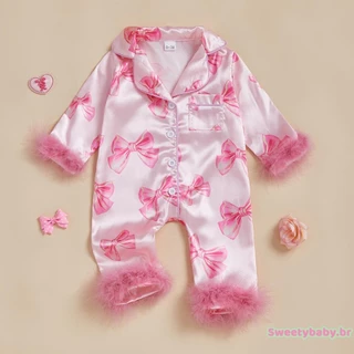Pijama De Uma Peça Para Bebês Meninas Manga Comprida Estampa Laço Peludo Patchwork Fecho De Botão Roupa De Dormir em Oferta na Shopee