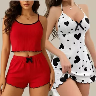 Kit Lingerie Feminino 2 Conjuntos Camisola + Pijama Baby Doll Sexy Coração Dormir em Oferta na Shopee