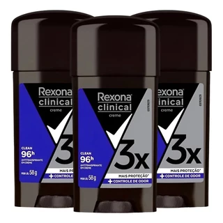 KIT C/ 3 DESODORANTE CREME REXONA CLINICAL MEN CLEAN 58G