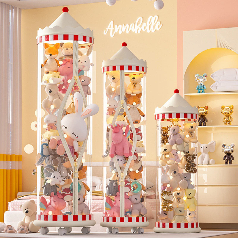 Balde de armazenamento torre guarda brinquedo transparente para boneca de brinquedo de pelúcia