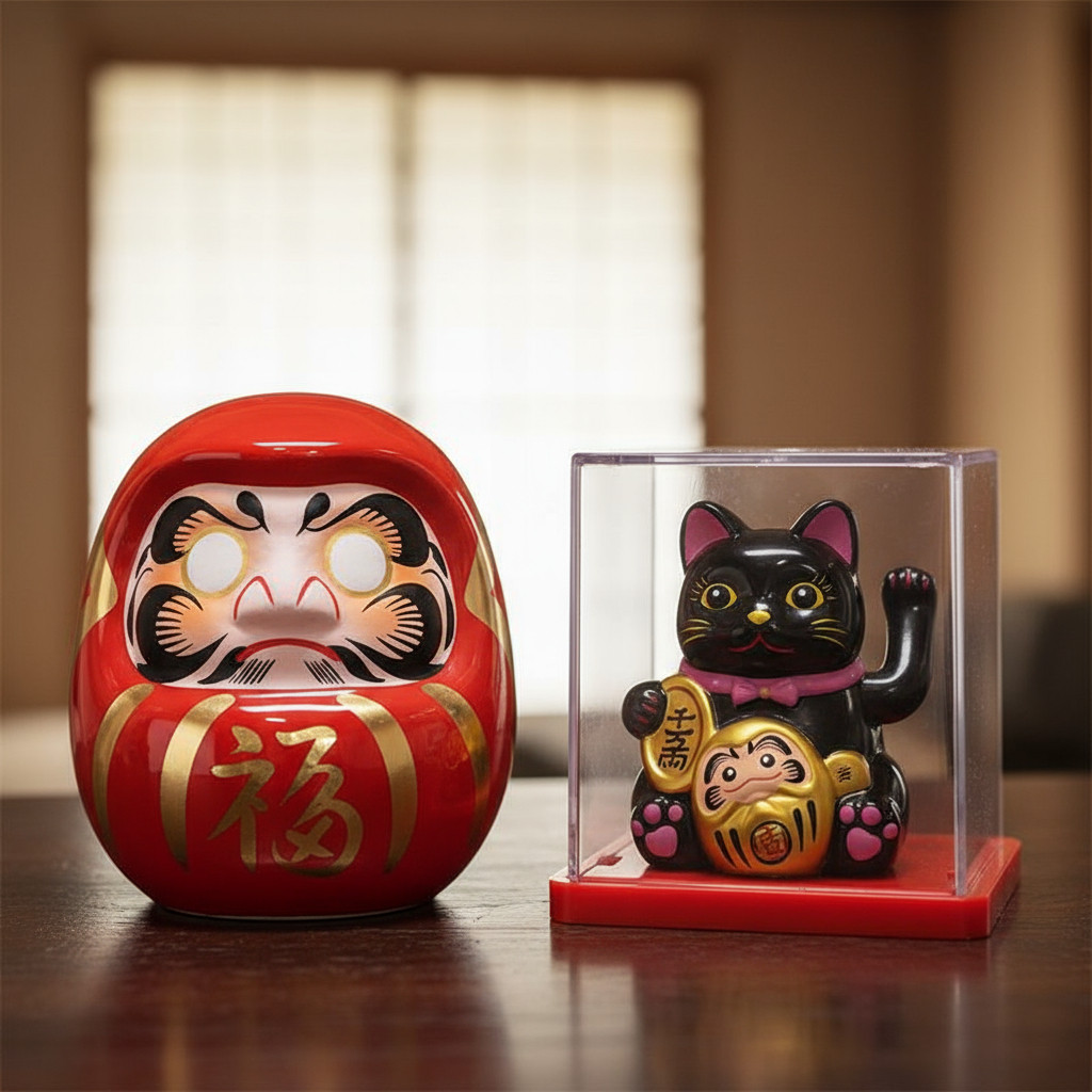 Kit Da Sorte-boneco Daruma /maneki Neko Luz Solar Mexe Pata