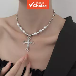 Colar de Cruz com Pérolas e Cristais Retro Punk - Joia Feminina Elegante em Oferta na Shopee