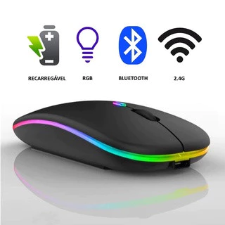 Mouse Gamer Sem Fio Recarregável com LED RGB, Bluetooth e Conexão 2.4 GHz Compatível