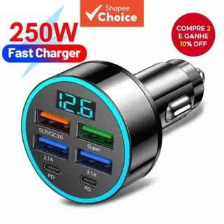 250W Carregador de Carro USB PD QC3.1 USB C Carregador de Celular para Carro Adaptador Tipo C para iPhone Samsung em Oferta na Shopee