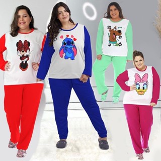 Pijama Feminino PLUS SIZE Barato Blusa e Calça Luxo Inverno Personagens em Oferta na Shopee