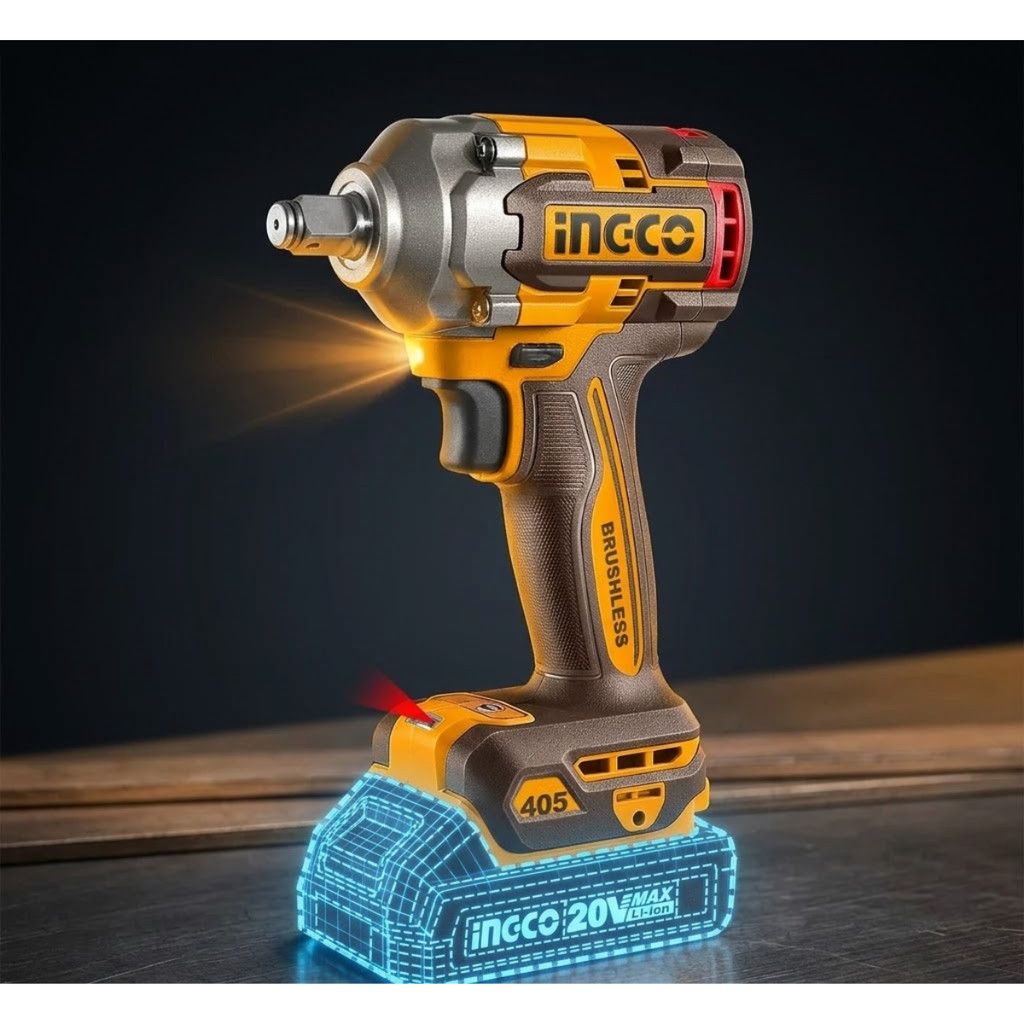 Chave de Impacto INGCO 20V 405Nm Brushless 1/2 P20S + 2 Baterias +