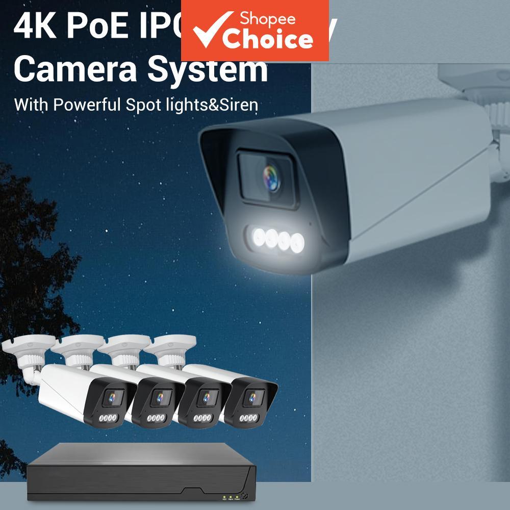 Câmera De Segurança IP POE De 4 Pacotes 4K 8MP-Vigilância Externa Com Visão Noturna Colorida De Rastreamento Automático