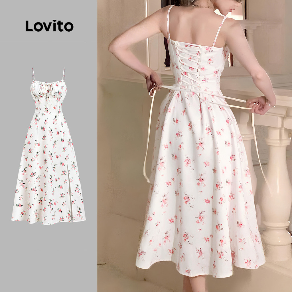 Lovito Elegante Vestido com Amarração Nas Costas Floral Casamento Evangélico Feminino para Primavera/Verão LBL33050