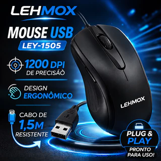Mouse Preto USB Compacto LEHMOX LEY-1505 1200 DPI com Cabo 1,5m - Conforto e Alta Sensibilidade