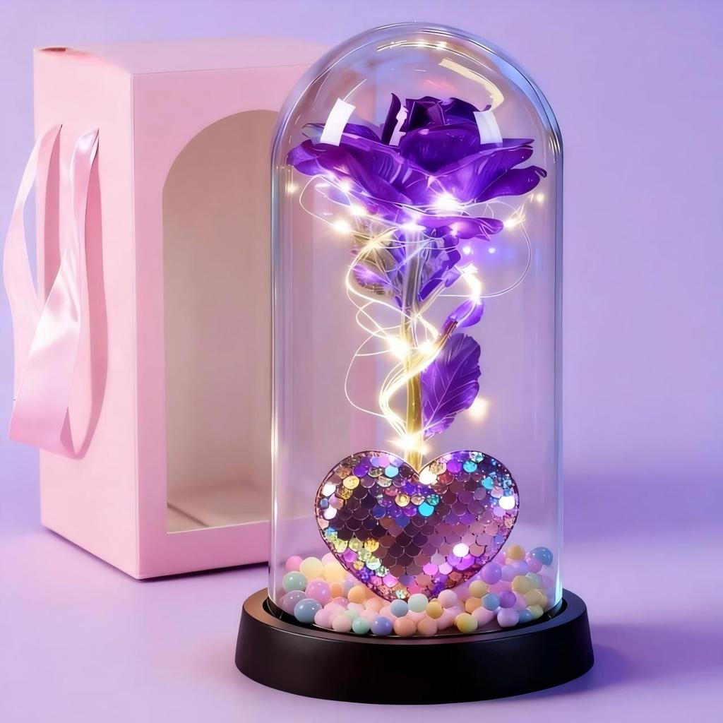 Rosa Encantada com Luz LED - Flor Eterna Decorativa em Cúpula de Acrílico Presente de aniversário para namorado