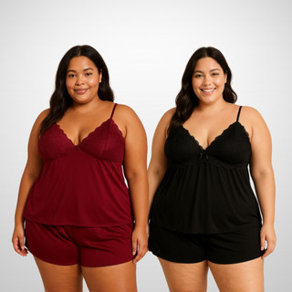 Kit 2 Pijamas Babydoll XGG Feminino de Malha com Renda no Busto e Short 46 ao 52 em Oferta na Shopee