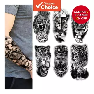 Tatuagem Temporária-Adesivo À Prova D'água Com Design De Caveira De Lobo Tigre , Leão , Arte Corporal Realista Para Mulh em Oferta na Shopee