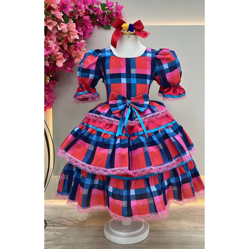 Vestido Infantil Junino Caipira Arraiá Vermelho Xadrez Colorido ...