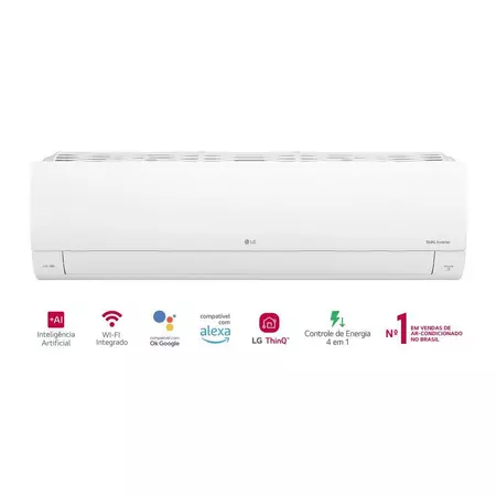 Unidade interna do ar condicionado LG mostrando ícones de conectividade Wi-Fi, Alexa e Inteligência Artificial