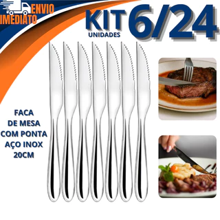 Faca De Mesa Inox 20cm 6/12/18/24 Com Ponta De Serra Ideal Para Cozinha Lanchonete Restaurante Buffet