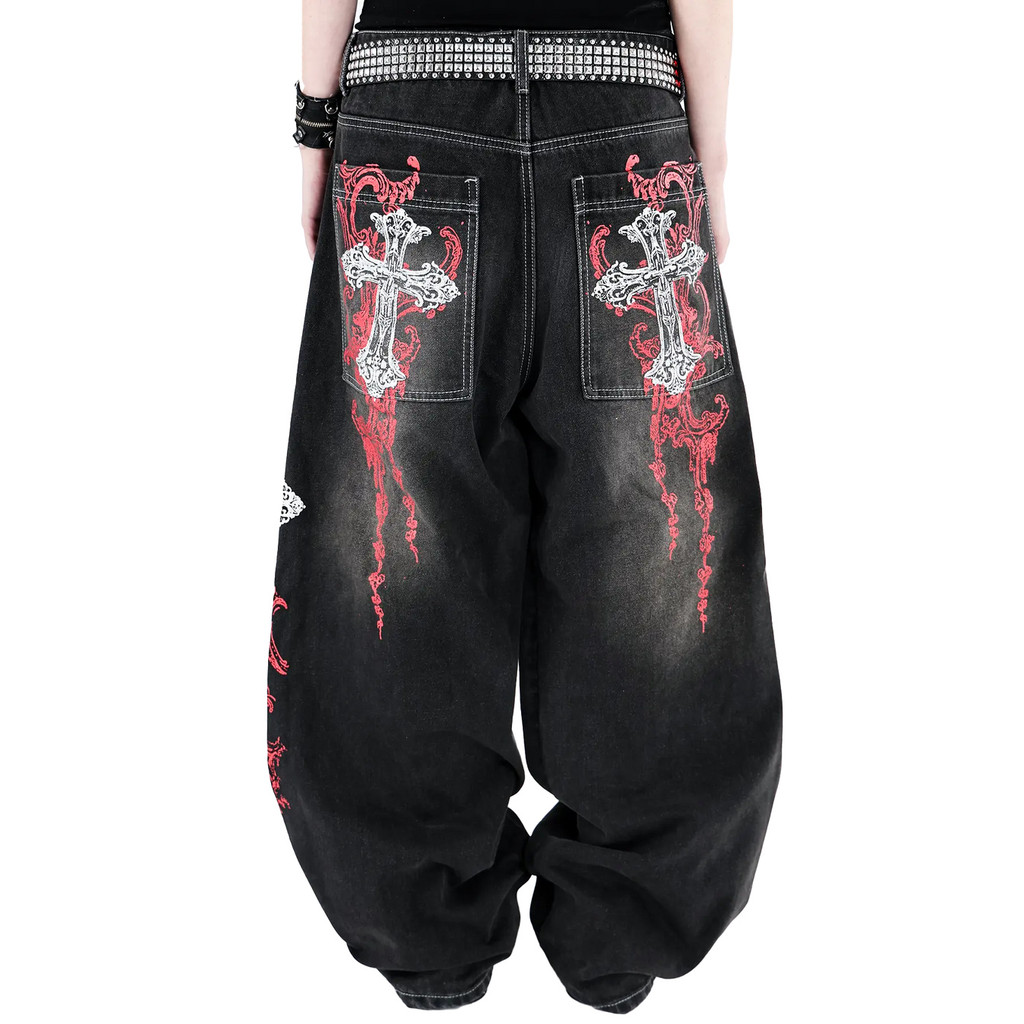 Y2K Baggy Jeans Punk Impressão Grande Bolso Masculino Casual Rock