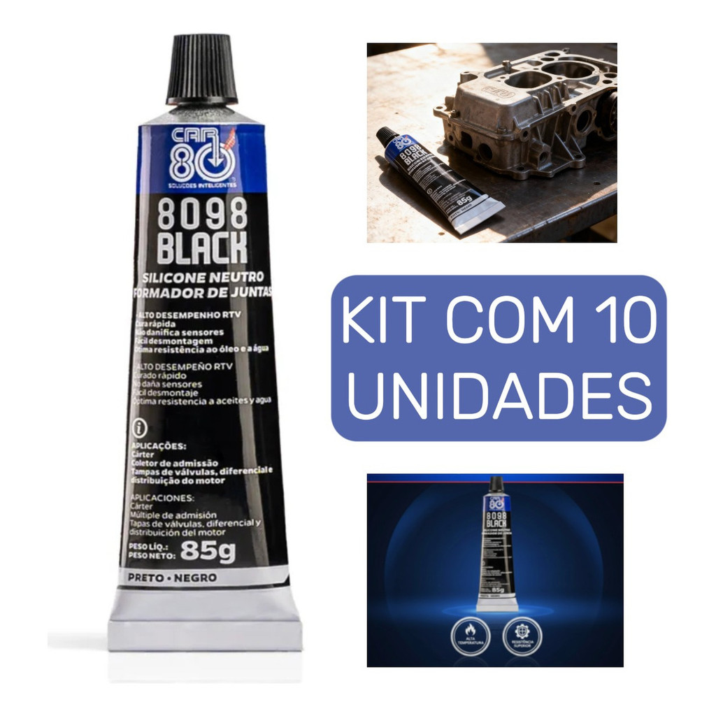 Kit 10 Cola Silicone Preto Car80 8098 Black Alta Temperatura Vedação ...