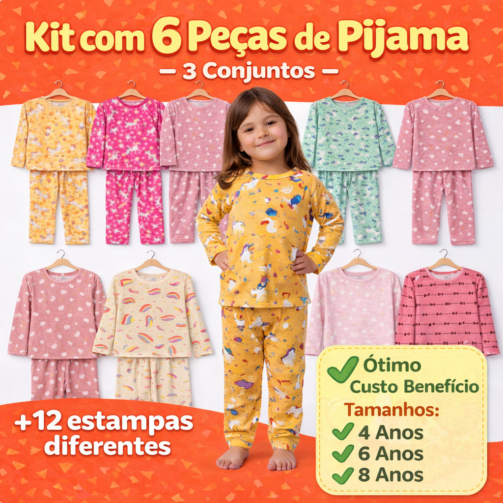 Kit 3 Pijamas Infantil Menina Criança Inverno Manga Longa Comprida Calça Blusa 6 Peças Estampas Sortidas Roupa de Dormir em Oferta na Shopee