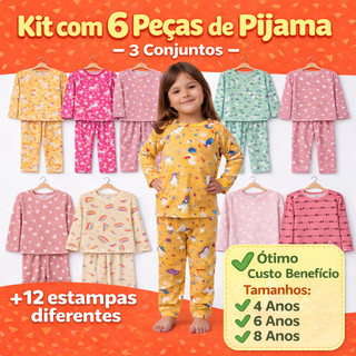 Kit 3 Pijamas Infantil Menina Criança Inverno Manga Longa Comprida Calça Blusa 6 Peças Estampas Sortidas Roupa de Dormir em Oferta na Shopee