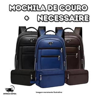 Kit Mochila Couro Sintético Unissex Reforçada Notebook 15” + Necessaire em Oferta na Shopee