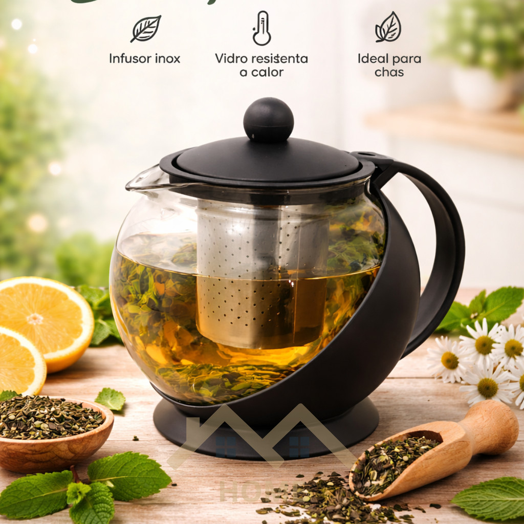 Chaleira 750ml Jarra De Vidro Com Infusor Filtro Inox Bule De Chá