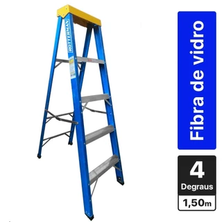 Escada tesoura simples em fibra de vidro 4 degraus + patamar 1,50 m- Premium Rotterman em Oferta na Shopee