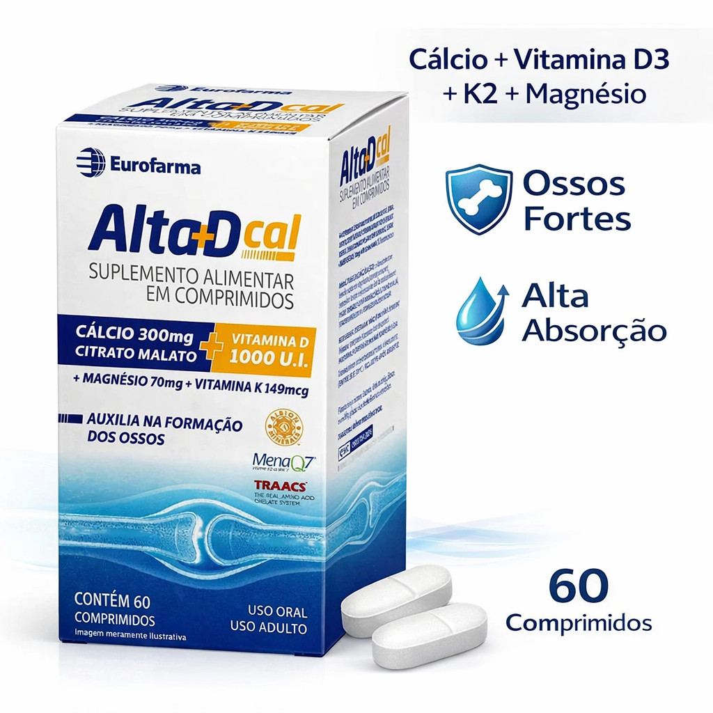 Alta D Cal 1000UI 60 Comprimidos Cálcio Vitamina D3 K2 Magnésio Ossos ...