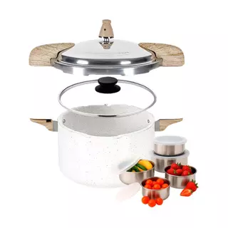 Panela de Pressão 2 em 1 Indução 5,4 Lts Brinox Ceramic Life Vanilla com Jogo de Potes de Inox 5 Peças em Oferta na Shopee