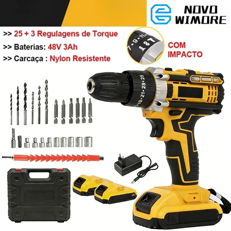  WJGJ 2 Parafusadeira Furadeira De Impacto A Bateria Recarregável Sem Fio 48v 2 Baterias Com Maleta Completo