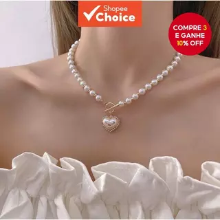 Colar de Pérolas com Pingente de Coração Enfeitado com Contas Grandes e Redondas Estilo Romântico Francês - Adequado em Oferta na Shopee