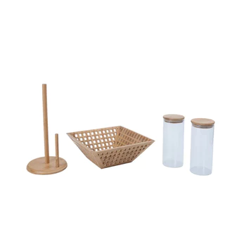 Kit 2 Potes de Vidro Tampa Bambu 800ml, Fruteira Vazada Bambu E Porta Papel Toalha de Bambu Oikos em Oferta na Shopee