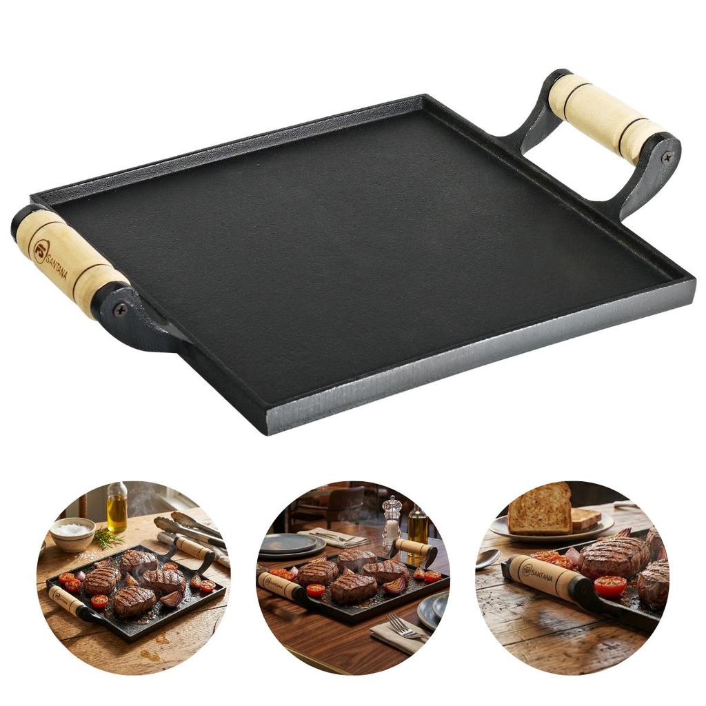 Bifeteira De Ferro Lisa 2 Alças De Madeira Chapa 34x24 Santa