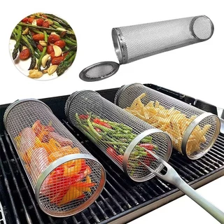 Grelhador Portátil de Exterior – Aço Inox, Cesto Redondo, Ideal para Churrasco e Transporte