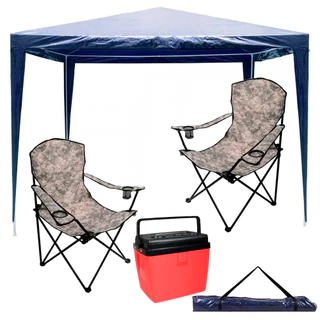 Tenda Gazebo Azul Kala 3x3 Metros e 2 Cadeira Dobrável Camuflada Cooler 28 Litros Vermelho e Preto em Oferta na Shopee