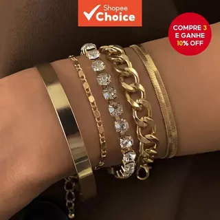 Conjunto De Pulseira De Corrente Embelezado Com Diamante Elegante E Minimalista , 5 Peças , Acessórios Elegantes Para To em Oferta na Shopee